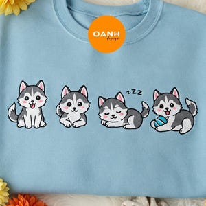 Four Cute Siberian Husky Embroidered Sweatshirt, Custom Dog Shirt, Personalized Pet Sweater, Dog Owner Gift for Husky Mom, Pet Cartoon Shirt