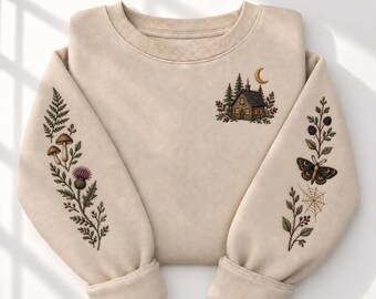 Embroidered Cottagecore Haunt House Sweatshirt, Botanical Sleeve Mushroom Crewneck, Witchy Forest Moth Sweater,,Woodland Nature Lover Gift