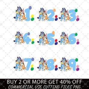 Bluey 誕生日 SVG PNG、私の誕生日 PNG、誕生日パーティー PNG、誕生日プレゼント PNG、ハッピーバースデー PNG、誕生日ファミリーマッチング、Bluey 番号