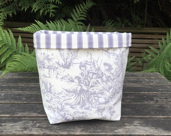handmade fabric storage basket, French Toile De Jouy, lilac and white, stripe ticking lining,  gift for her