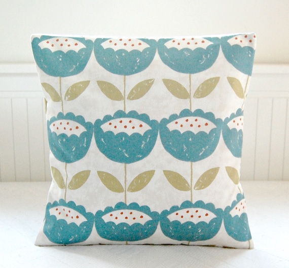 blue retro cushion cover, UK teal blue, leaves, flowers, 16 inch decorative pillow cover
