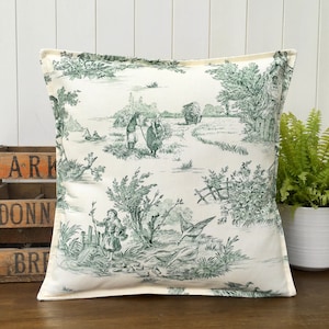 French Toile De Jouy Fabric handmade cushion cover, emerald green and cream, 16 inch /40 cm