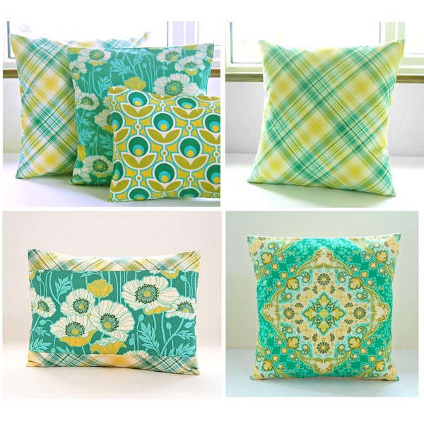 green yellow turquoise cream checks poppies decorative pillow cover, plaid cushion cover UK multi-listing