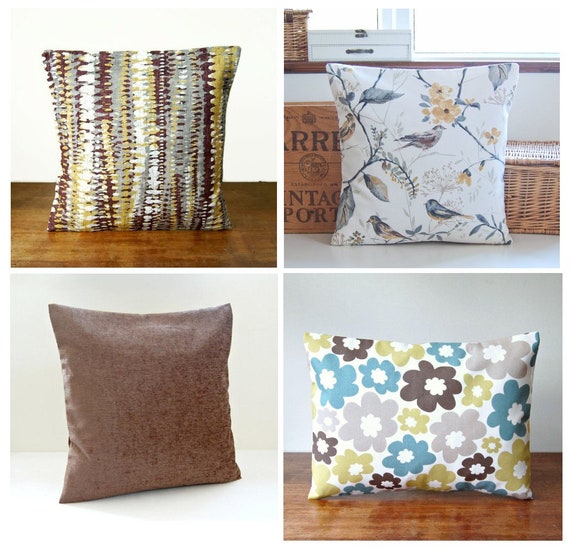 REDUCED Brown Decorative Pillow Covers Saffron Mustard Birds