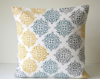 decorative cushion cover teal grey mustard on cream, hand block printed pillow cover,  16 inch