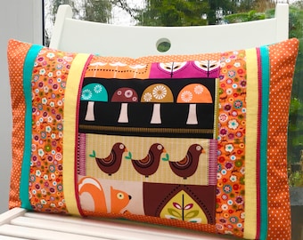 Patchwork Squirrel Lumbar Cushion Cover, Birds Trees Flowers, Orange Decorative Pillow