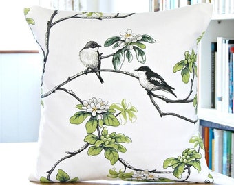 Birds Decorative Pillow Cover, Fresh Floral, grey black white green flowers, home decor cushion covers UK