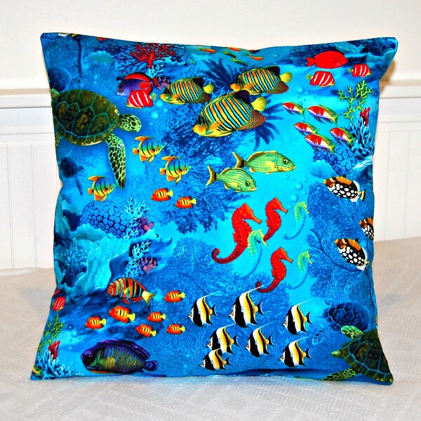 tropical fish decorative pillow cover, blue green,coral reef , ocean cushion cover 18 inch