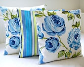 large blue roses pillow cover, green leaves floral stripe cushion cover uk 17 inch