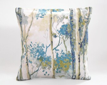 woodland trees cushion cover blue green, trees art decorative pillow cover, gift for nature lover