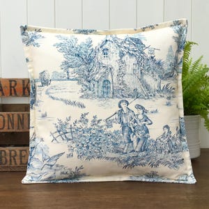 French Toile De Jouy Fabric handmade cushion cover, blue and deep cream