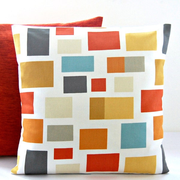 abstract blocks cushion cover burnt orange, mustard yellow, 16 inch decorative throw pillow cover