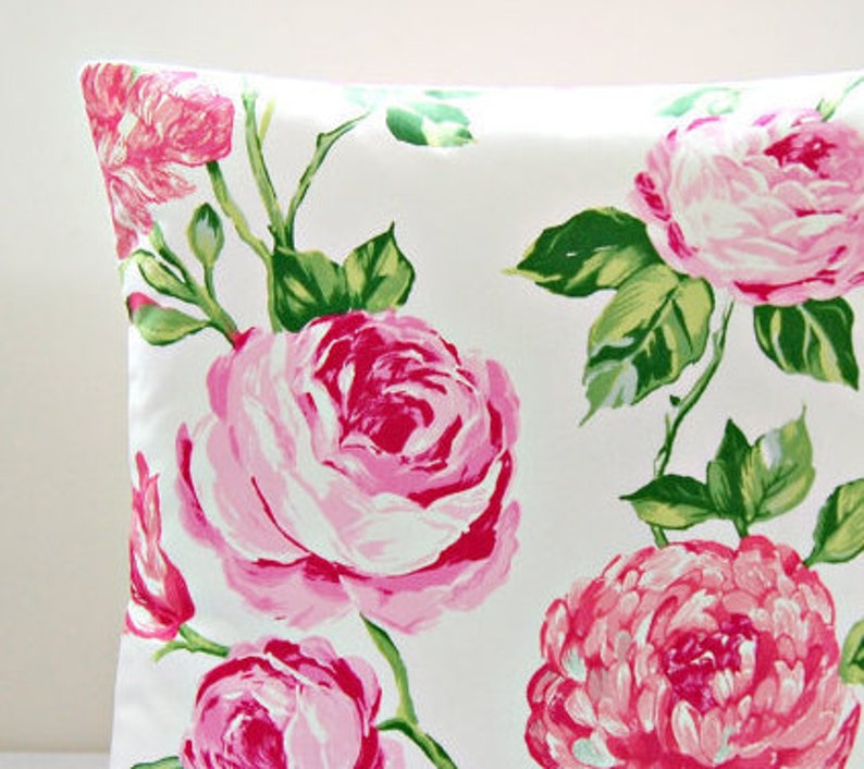 Rose Cushion Covers Cerise Pink Roses Green Leaves Floral Etsy