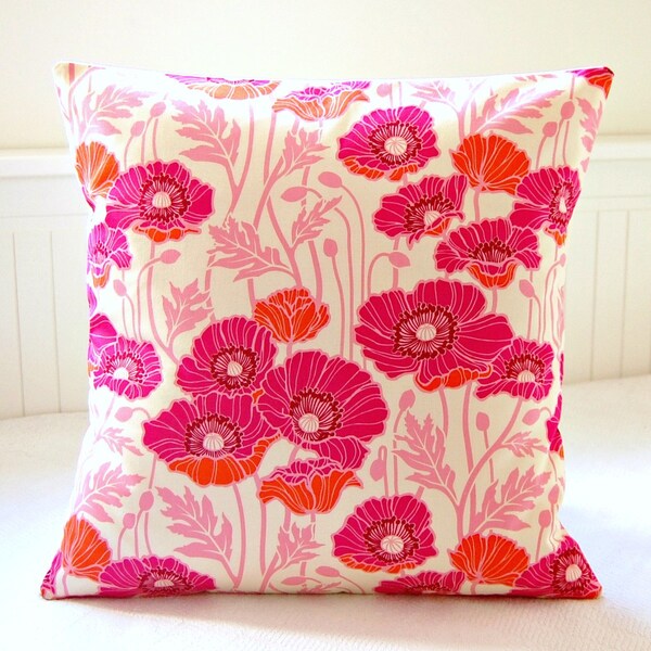 poppies pink, orange cushion cover, cerise pink poppy flowers and leaves pillow cover