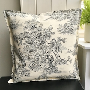 French Toile De Jouy Fabric handmade cushion cover, grey and ivory