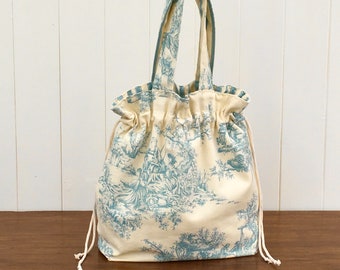 handmade fabric drawstring tote bag, French Toile De Jouy Fabric Blue and cream stripe lining floral handbag,  gift for her