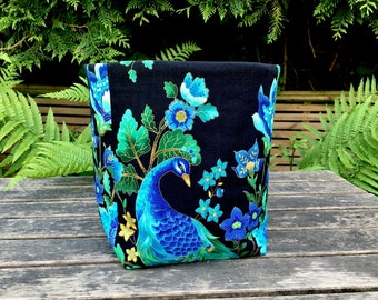 Peacock fabric storage basket, vibrant turquoise blue, green, gold and black organiser tub, bird gift UK