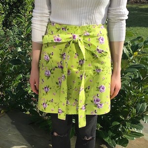 floral Gardening half apron, green purple roses, friend Mother sister gift, birthday, UK