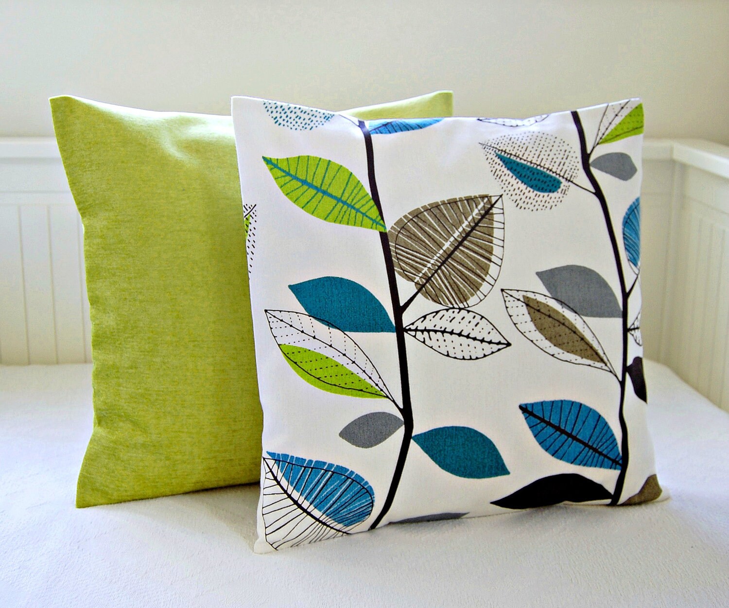 Decorative pillows teal blue lime green leaves accent lime Etsy