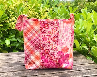 Quilted Patchwork Floral Tote Bag, Handmade Pink Orange Plaid