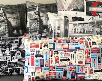London Cushion Cover, Red Bus, Big Ben, Patchwork Pillow