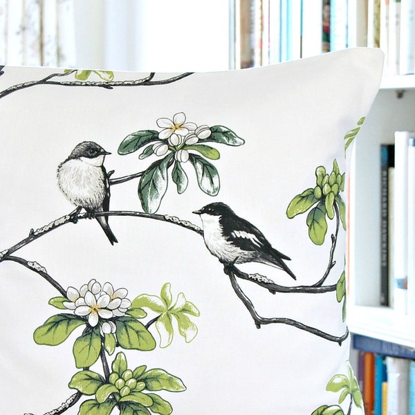 birds decorative pillow cover, white grey black green flowers, cushion cover 16 inch