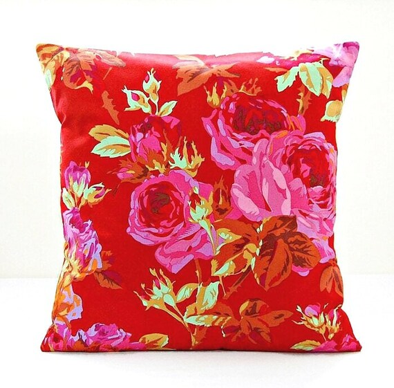Red Decorative Cushion Cover Large Pink Roses Decorative Etsy