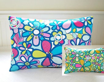 retro style cushion cover, blue pink, teal lime white flowers floral, pink decorative pillow cover 12 x 18  / 16 x 16 inch multi-listing