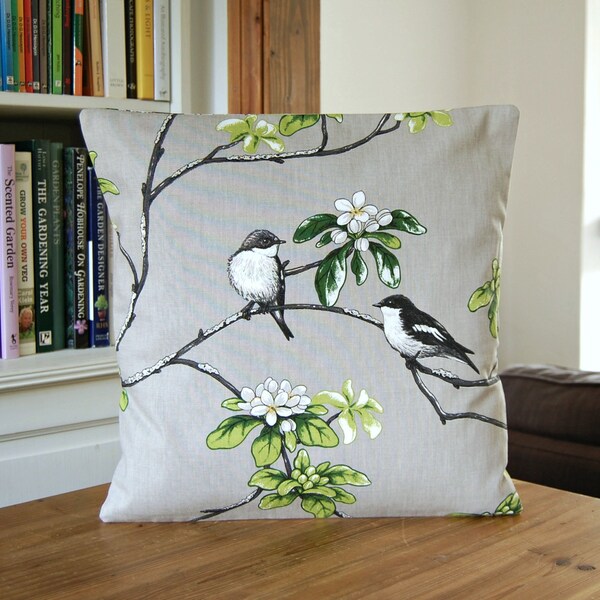 birds decorative pillow cover, grey black white green flowers, cushion cover 16 inch