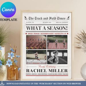 May include: A framed print titled "The Track and Field Times" with the headline "What a Season!" and photos of track athletes. The print celebrates Rachel Miller, a sprinter, with her team and season record. The Canva template is in a light wood frame.