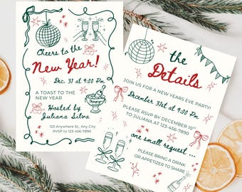 Silvester Einladung Vorlage Urlaub Party Einladen Prost auf das neue Jahr Canva Vorlage Bearbeitbar Druckbar NYE Cocktail Party einladen