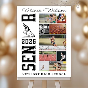 May include: A white poster with the name "Olivia Wilson" in cursive script. The poster features a collage of track and field photos, the word "SENIOR" in bold black letters, the year "2026", and the words "Newport High School". A winged track shoe graphic is also included.