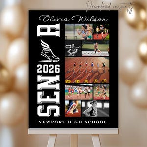 May include: Black poster with a collage of track and field photos. The text "Olivia Wilson" is at the top, with "SENIOR 2026" and a track shoe graphic on the left. "Newport High School" is at the bottom.