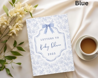 Custom Blue Toile de Jouy Baby Shower Guest Book Letters to Baby Personalized Journal Birthday Letters Girl Blue Bow Baby Shower