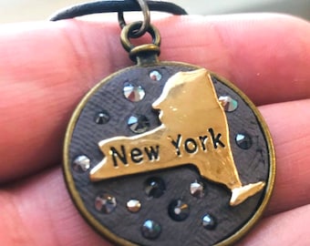 NY Necklace/Empire State/ State Crystal Mosaic/Vintage Brass Stamping Necklace in Leather Cord/Boho/Travel/Big Apple/State/Destination