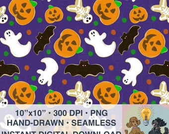 Naadloos patroon spookachtige Halloween-koekjes: spook, pompoen, vleermuis (digitale png-download, 300 DPI)