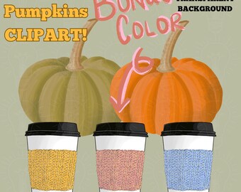 Herfst-clipartbundel: koffie en pompoenafbeeldingen (digitale png-download, 300 dpi)