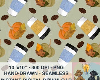 Naadloos patroon herfstkoffie en pompoenen: herfstpompoenkoffieboonontwerp (digitale png-download, 300 dpi)