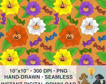 Naadloos Halloween-bloemmotief: snoep, pompoen, bloemen (digitale png-download, 300 DPI)