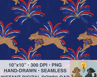 Poedelvuurwerk Onafhankelijkheidsdag naadloos bestand voor sublimatie, afdrukbaar, digitaal papier, PNG, 300 DPI, standaardpoedels 4 juli, VS