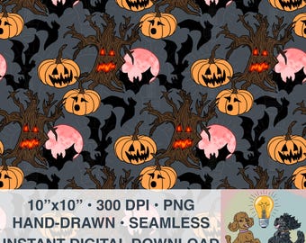 Naadloos spookachtig Halloween-patroon: boom, pompoenen, vleermuizen (digitale png-download, 300 DPI)