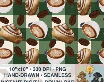 Naadloos patroon Bakery Coffee Shop: latte, kaneelbroodjesontwerp (digitale png-download, 300 dpi)