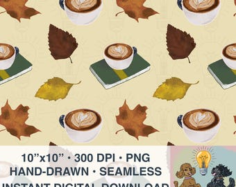 Naadloos bestand herfstbladeren lezen: boeken en koffieontwerp (digitale png-download, 300 DPI)