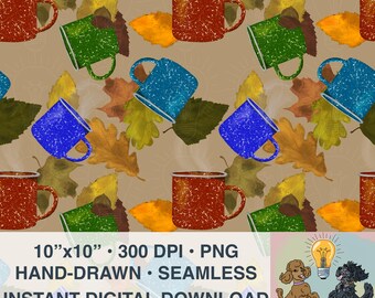 Naadloos patroon herfstbladeren campingmok: herfst, koffie (digitale png-download, 300 DPI)
