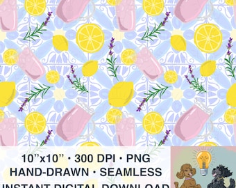 Naadloos patroon lavendellimonade Amalfikust: zomerprint, citroenen (digitale png-download, 300 DPI)