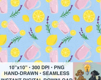 Naadloos patroon lavendellimonade: zomerprint, citroenen (digitale png-download, 300 DPI)