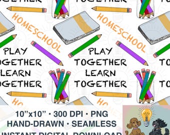 Homeschool terug naar school naadloos bestand voor sublimatie, afdrukbaar, digitaal papier, png, 300 dpi, notitieboekje en potloden Cute Home School-patroon