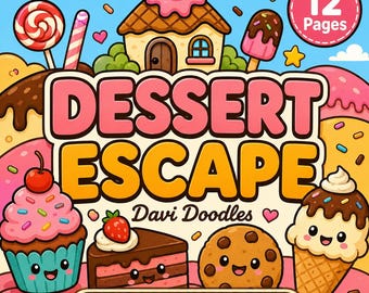 May include: A coloring book titled DESSERT ESCAPE by Davi Doodles featuring 12 pages. The cover displays colorful illustrations of a cupcake, a slice of cake, a chocolate chip cookie, and an ice cream cone, all with smiling faces, plus a candy house.