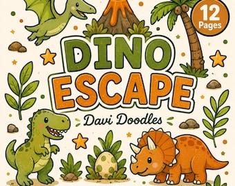 May include: A square coloring book titled DINO ESCAPE by Davi Doodles featuring 12 pages. The cover displays a green pterodactyl, a green T-Rex, an orange triceratops, a spotted egg, a volcano, and a palm tree on a cream background.