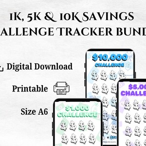 May include: Printable digital download bundle of three savings challenge trackers. The trackers are designed to help you save £1,000, £5,000, and £10,000. Each tracker features a grid of pound signs with a different colour scheme.